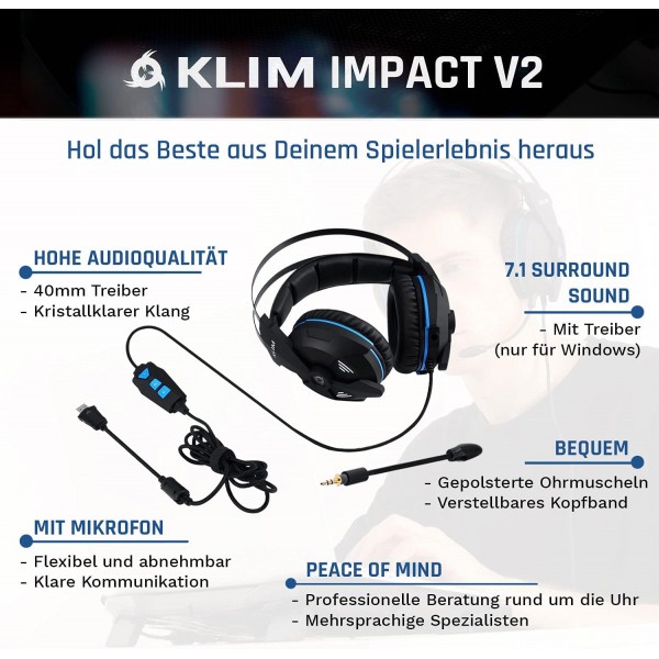 KLIM Impact V2 - 게임용 헤드셋 및 마이크로 USB - 7.1 서라운드 사운드 + 격리 - 고품질 사운드 + 경쾌한 저음의 PS5 헤드셋 - PC, Playstation, 비디오 게임용 - 새로운 2022 버전 싱