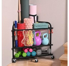 PLKOW 요가 매트 보관 랙, 요가 매트용 홈 체육관 보관 랙, 폼 롤러, 저항 밴드, 요가 블록 및 아령, 바퀴와 후크가 있는 롤링 운동 보관 랙, 분말 코팅 마감 강철