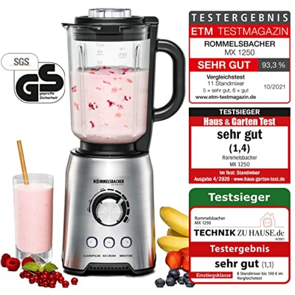 ROMMELSBACHER MX 1250 스탠드 믹서, 1200, 스테인리스 스틸, 1.75 리터 및 향신료 및 커피 분쇄기, 임팩트 나이프와 특수 나이프가 포함된 EGK 200-2 스테인리스 스틸 용기, 용량 7