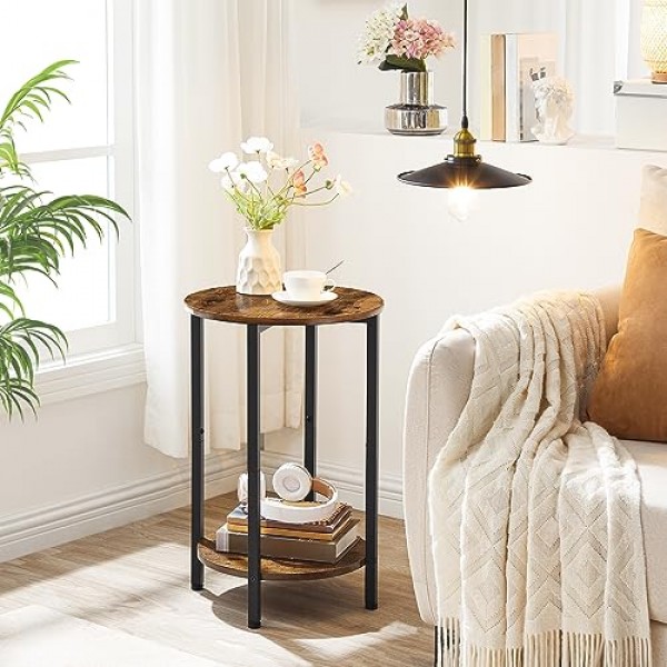 원형 사이드 테이블, 수납선반이 있는 소파 소파 테이블, 2단 산업용 엔드 테이블, 안정적인 금속 프레임, 작은 공간을 위한 원목 룩 액센트 테이블, 거실, 침실, 러스