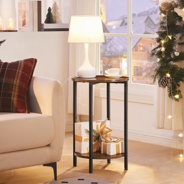 원형 사이드 테이블, 수납선반이 있는 소파 소파 테이블, 2단 산업용 엔드 테이블, 안정적인 금속 프레임, 작은 공간을 위한 원목 룩 액센트 테이블, 거실, 침실, 러스