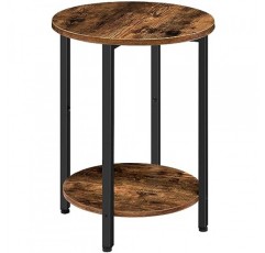 원형 사이드 테이블, 수납선반이 있는 소파 소파 테이블, 2단 산업용 엔드 테이블, 안정적인 금속 프레임, 작은 공간을 위한 원목 룩 액센트 테이블, 거실, 침실, 러스