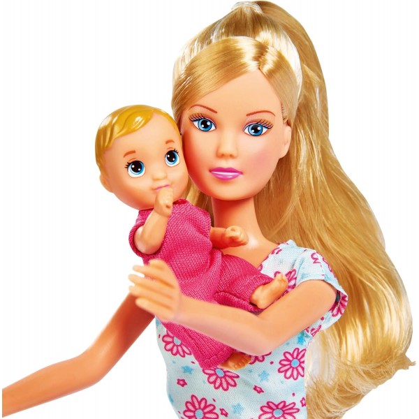 Simba 105736350 아기 3명, 침대, 유모차, 높은 의자, 유아용 시트 및 많은 액세서리가 있는 스테피 러브 베이비 월드 인형, 29cm, 3세부터