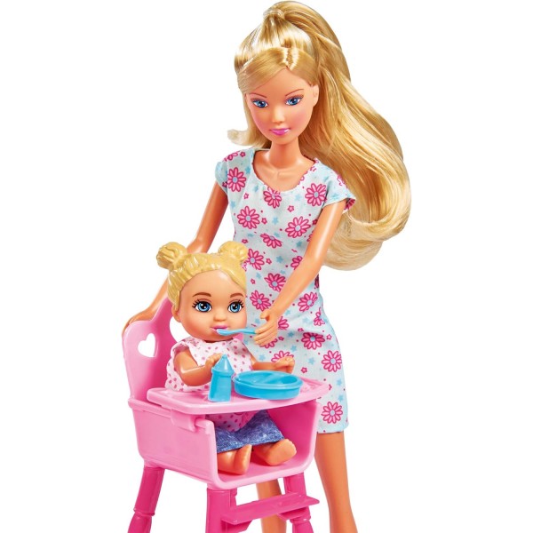 Simba 105736350 아기 3명, 침대, 유모차, 높은 의자, 유아용 시트 및 많은 액세서리가 있는 스테피 러브 베이비 월드 인형, 29cm, 3세부터