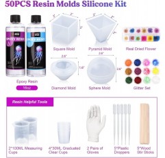 LET'S RESIN 에폭시 레진 세트 초보자 473ml, 구체, 큐브, 피라미드, 사각형, 반짝이, 꽃, 나무 막대기, 장갑, 예술용 측정 컵, 공예 보라색이 있는 수지 붓는 세트가 있는 수