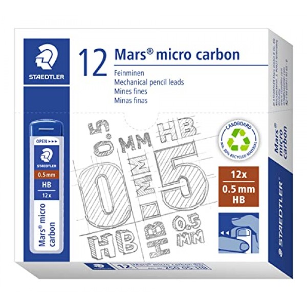 Staedtler Micro Mars 카본 샤프 펜슬 심, 0.5mm, HB, 60mm x 12(250 05 HB)