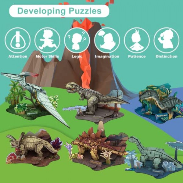 3D 공룡 퍼즐 세트, 6 팩 Stegosaurus, Tyrannosaurus Rex, Stegosaurus, Diplodocus, Plesiosaur, Triceratops, Pterosaur, 소년 선물 연령 7 8 9 용 모델 키트 용 197 Pcs 퍼즐