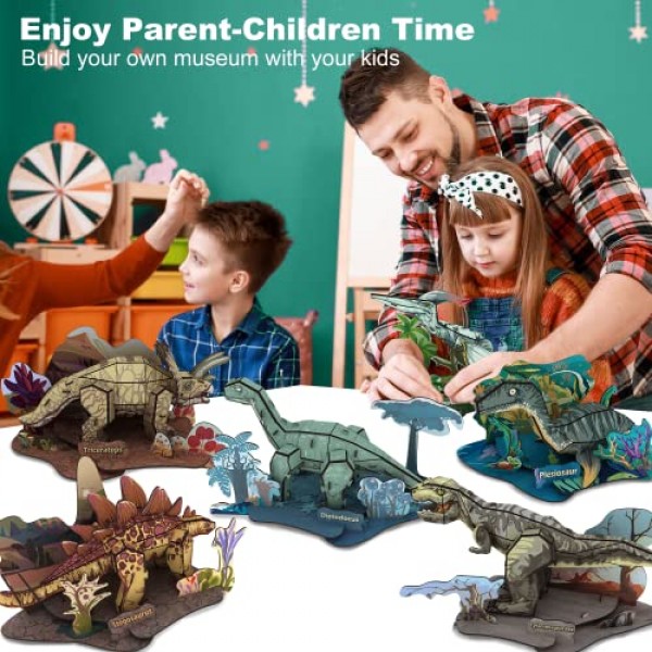 3D 공룡 퍼즐 세트, 6 팩 Stegosaurus, Tyrannosaurus Rex, Stegosaurus, Diplodocus, Plesiosaur, Triceratops, Pterosaur, 소년 선물 연령 7 8 9 용 모델 키트 용 197 Pcs 퍼즐