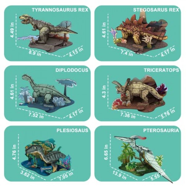 3D 공룡 퍼즐 세트, 6 팩 Stegosaurus, Tyrannosaurus Rex, Stegosaurus, Diplodocus, Plesiosaur, Triceratops, Pterosaur, 소년 선물 연령 7 8 9 용 모델 키트 용 197 Pcs 퍼즐