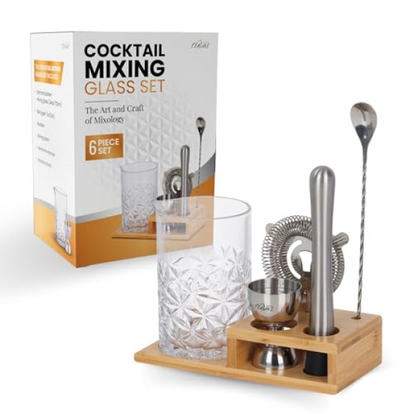 TEAVAS 칵테일 혼합 유리 세트(지거, 머들러, 스푼, 호손 여과기 및 대나무 스탠드 포함) - 교반기 칵테일용 믹솔로지 투수 - 친구 및 가족을 위한 생일 선물