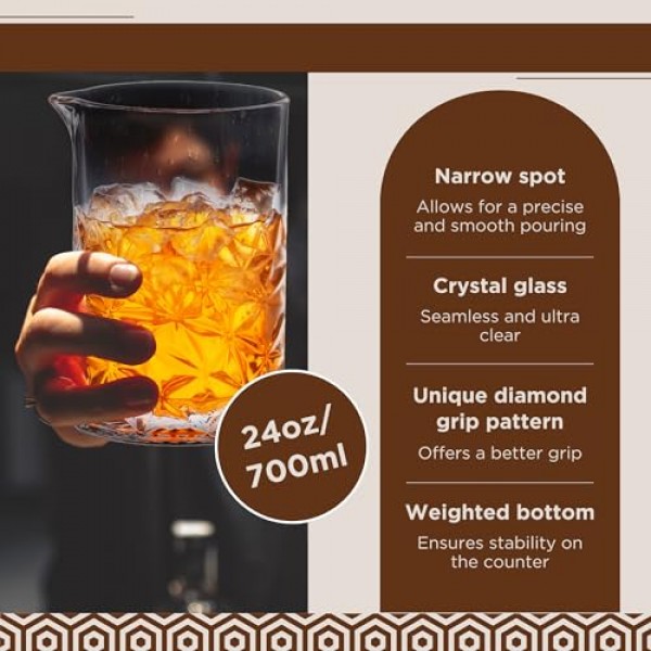 TEAVAS 칵테일 혼합 유리 세트(지거, 머들러, 스푼, 호손 여과기 및 대나무 스탠드 포함) - 교반기 칵테일용 믹솔로지 투수 - 친구 및 가족을 위한 생일 선물