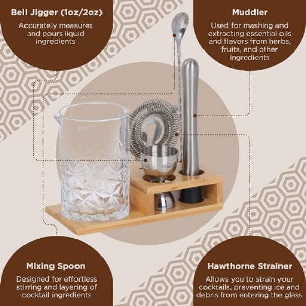 TEAVAS 칵테일 혼합 유리 세트(지거, 머들러, 스푼, 호손 여과기 및 대나무 스탠드 포함) - 교반기 칵테일용 믹솔로지 투수 - 친구 및 가족을 위한 생일 선물