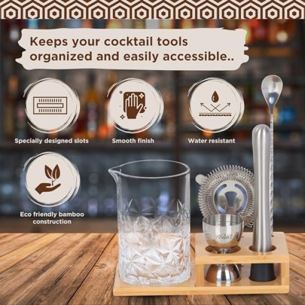 TEAVAS 칵테일 혼합 유리 세트(지거, 머들러, 스푼, 호손 여과기 및 대나무 스탠드 포함) - 교반기 칵테일용 믹솔로지 투수 - 친구 및 가족을 위한 생일 선물