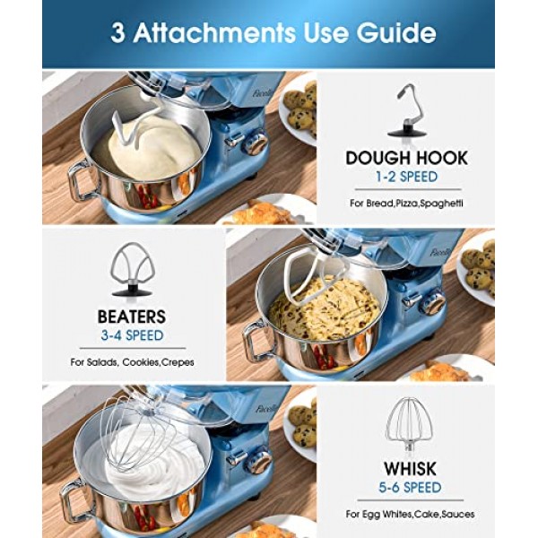 Facelle 푸드 프로세서, 반죽기, 1500W, 반죽기, 혼합기(6.2L 스테인리스 스틸 보울 포함), 6단계, 거품기, 반죽 후크, 비터 및 비터를 포함한 저소음 반죽 반죽기