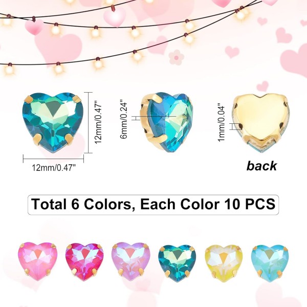 Dicosmetic 60pcs 6 색 바느질 라인 석 심장 크리스탈 라인 석 심장 모양 DIY 쥬얼리에 대 한 골드 도금 클로와 보석 라인 석을 바느질 Comstumes 가방 신발 공예 Heart-6 Colors-60pcs