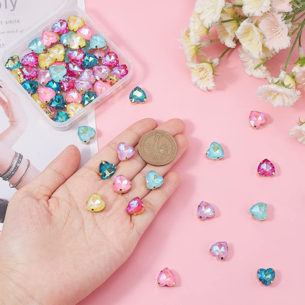 Dicosmetic 60pcs 6 색 바느질 라인 석 심장 크리스탈 라인 석 심장 모양 DIY 쥬얼리에 대 한 골드 도금 클로와 보석 라인 석을 바느질 Comstumes 가방 신발 공예 Heart-6 Colors-60pcs