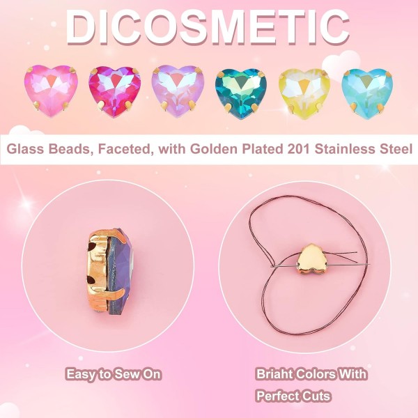 Dicosmetic 60pcs 6 색 바느질 라인 석 심장 크리스탈 라인 석 심장 모양 DIY 쥬얼리에 대 한 골드 도금 클로와 보석 라인 석을 바느질 Comstumes 가방 신발 공예 Heart-6 Colors-60pcs