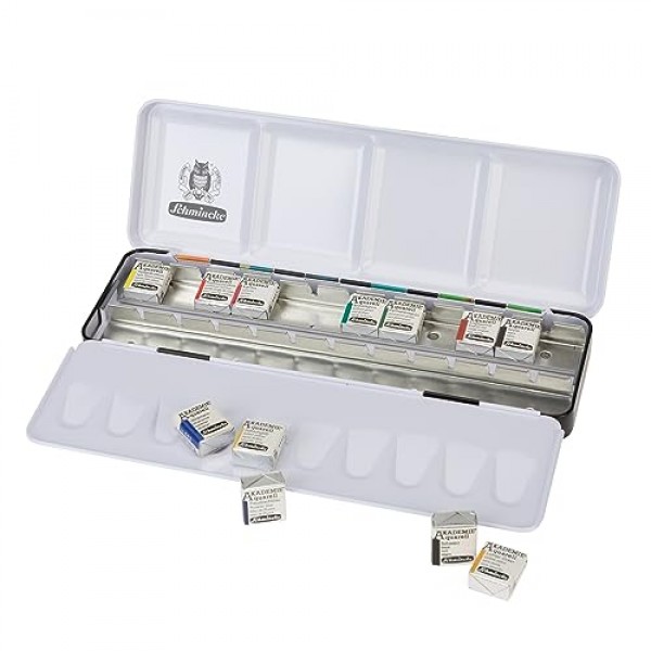 Schmincke - AKADEMIE® AQUARELL, 12 x 1/2 팬, 75 782 097, 금속 상자, 페인팅 세트, 고급 수채화