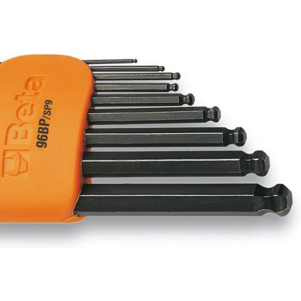 Beta 96BP/SC9 육각형 L 키 세트 작업장 도구(9개, 브래킷 포함, 곡선형, 크롬 도금, 구형 헤드 포함, 고저항, 이탈리아산), 무연탄