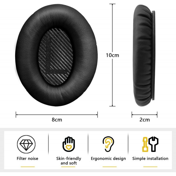 헤드폰 교체용 이어 패드, Bose QuietComfort QC15 QC25 QC2 QC35II QC35/ Ae2 Ae2i Ae2w SoundTrue 오버이어 헤드폰 부드러운 가죽(검은색)과 호환되는 Bose 이어패드용 이어 패드