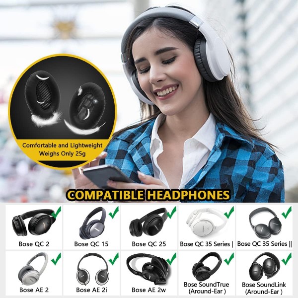헤드폰 교체용 이어 패드, Bose QuietComfort QC15 QC25 QC2 QC35II QC35/ Ae2 Ae2i Ae2w SoundTrue 오버이어 헤드폰 부드러운 가죽(검은색)과 호환되는 Bose 이어패드용 이어 패드