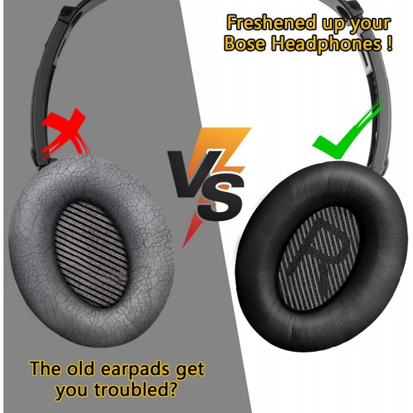 헤드폰 교체용 이어 패드, Bose QuietComfort QC15 QC25 QC2 QC35II QC35/ Ae2 Ae2i Ae2w SoundTrue 오버이어 헤드폰 부드러운 가죽(검은색)과 호환되는 Bose 이어패드용 이어 패드
