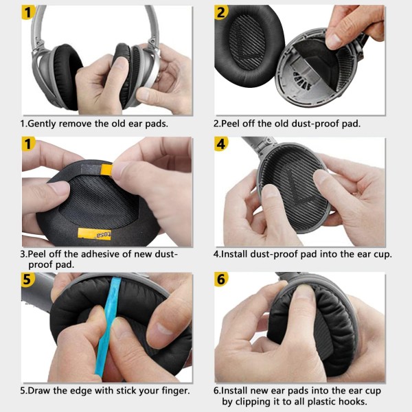 헤드폰 교체용 이어 패드, Bose QuietComfort QC15 QC25 QC2 QC35II QC35/ Ae2 Ae2i Ae2w SoundTrue 오버이어 헤드폰 부드러운 가죽(검은색)과 호환되는 Bose 이어패드용 이어 패드