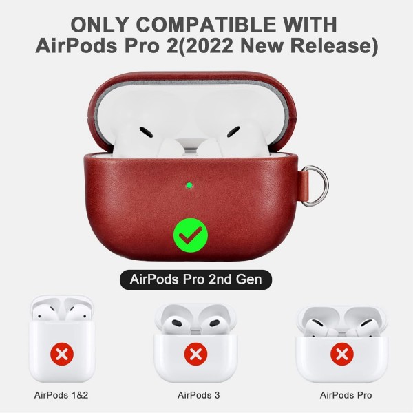 AirPods Pro 2 2022용 가죽 케이스, AirPods Pro 2용 ICARERFAMILY 프리미엄 정품 가죽 충격 방지 보호 케이스 구멍이 있는 이어폰 충전 케이스(LED 표시) 지원 무선 충전기-스트랩이