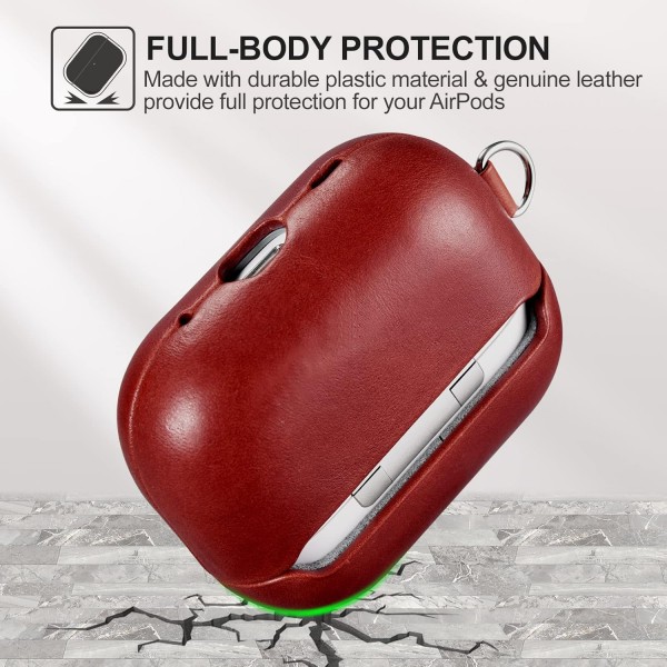 AirPods Pro 2 2022용 가죽 케이스, AirPods Pro 2용 ICARERFAMILY 프리미엄 정품 가죽 충격 방지 보호 케이스 구멍이 있는 이어폰 충전 케이스(LED 표시) 지원 무선 충전기-스트랩이