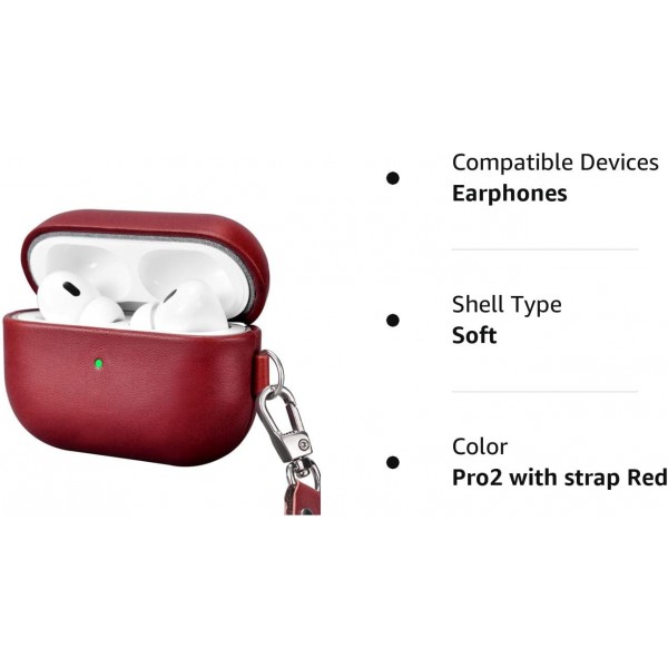 AirPods Pro 2 2022용 가죽 케이스, AirPods Pro 2용 ICARERFAMILY 프리미엄 정품 가죽 충격 방지 보호 케이스 구멍이 있는 이어폰 충전 케이스(LED 표시) 지원 무선 충전기-스트랩이