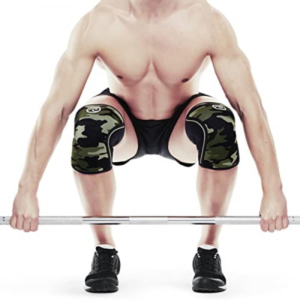 근력 훈련 및 피트니스를 위한 Rehband RX 무릎 지원 - 7mm 네오프렌 무릎 슬리브, 유연하고 미끄럼 방지, 남성 및 여성용 무릎 슬리브, 색상: 카모 - 1쌍, 크기:X-소형