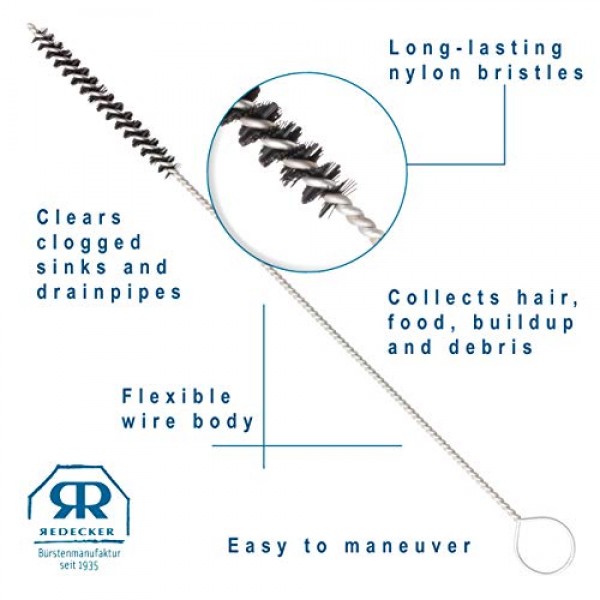 Redecker 나일론 헤어 그립 브러시, 11인치, 튼튼한 와이어 손잡이, 싱크대 및 배수관에서 머리카락 제거, 보관용 고리 걸이, 독일산