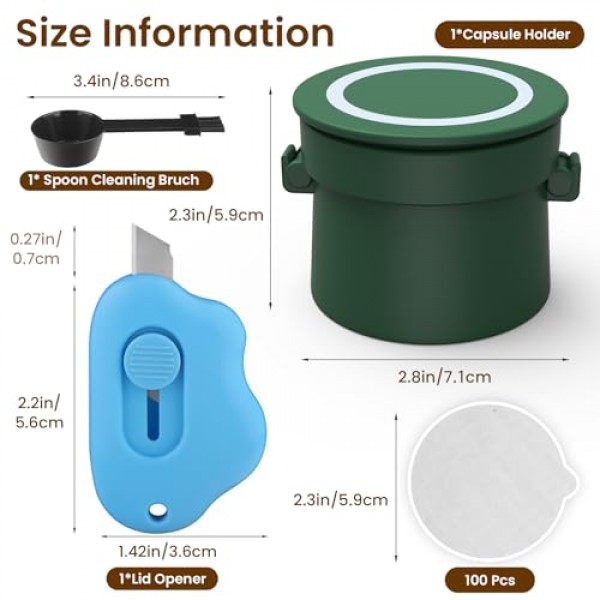 재사용 가능한 Nespresso Vertuo 포드용 재사용 가능한 Vertuo 캡슐 세트, 100개 알루미늄 호일 씰 뚜껑 및 브러시 뚜껑 오프너가 포함된 업그레이드된 트위스트 홀더, Vertuolin