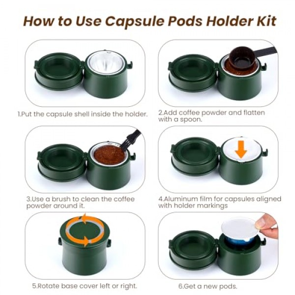 재사용 가능한 Nespresso Vertuo 포드용 재사용 가능한 Vertuo 캡슐 세트, 100개 알루미늄 호일 씰 뚜껑 및 브러시 뚜껑 오프너가 포함된 업그레이드된 트위스트 홀더, Vertuolin