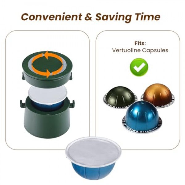 재사용 가능한 Nespresso Vertuo 포드용 재사용 가능한 Vertuo 캡슐 세트, 100개 알루미늄 호일 씰 뚜껑 및 브러시 뚜껑 오프너가 포함된 업그레이드된 트위스트 홀더, Vertuolin