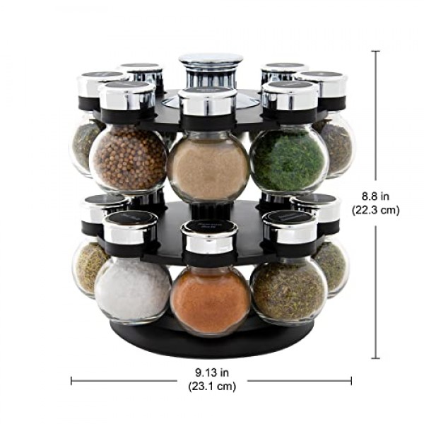 Kamenstein 16 Jar Ellington 회전 조리대 스파이스 랙(리프트 앤 푸어 캡 및 향신료 포함), 5년 동안 무료 향신료 리필: 블랙 및 크롬