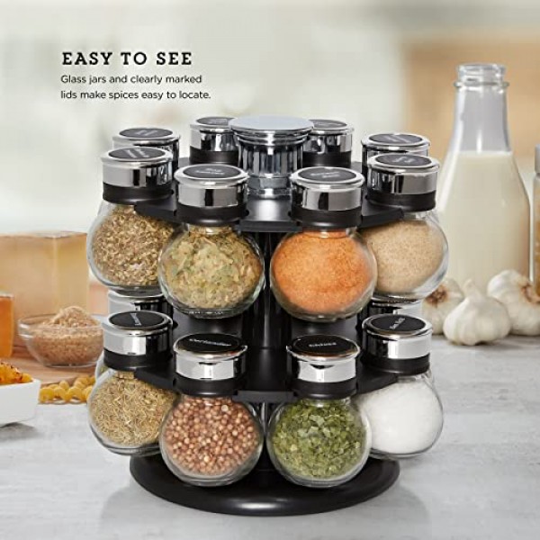 Kamenstein 16 Jar Ellington 회전 조리대 스파이스 랙(리프트 앤 푸어 캡 및 향신료 포함), 5년 동안 무료 향신료 리필: 블랙 및 크롬