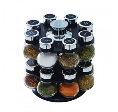 Kamenstein 16 Jar Ellington 회전 조리대 스파이스 랙(리프트 앤 푸어 캡 및 향신료 포함), 5년 동안 무료 향신료 리필: 블랙 및 크롬