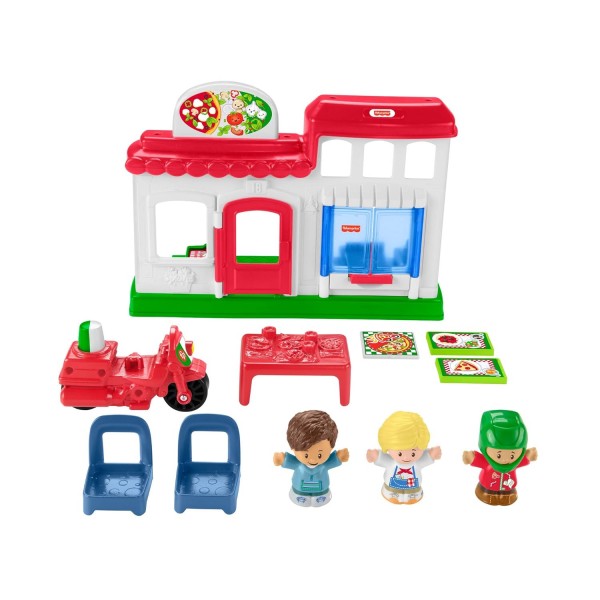 Fisher-Price HBR79 - 1~5세 어린이를 위한 3개의 피규어와 액세서리가 포함된 작은 피플 피자 가게 플레이 세트