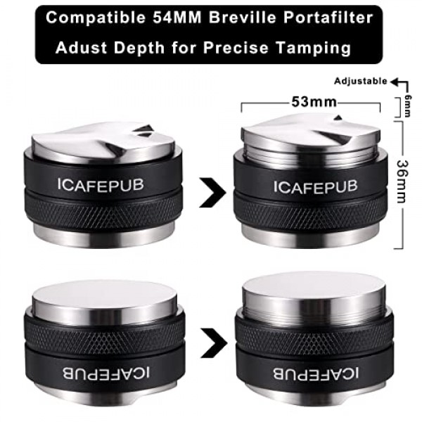 53mm 커피 분배기 및 탬퍼, 에스프레소 분배 도구, 바리스타 핸드 탬퍼, WDT 도구 Breville 포터필터와 호환되는 커피 레벨러 54mm, 양면, 깊이 조절 가능