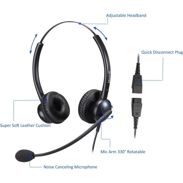 마이크 잡음 제거 기능이 있는 Mairdi 전화 헤드셋, RJ11이 있는 듀오 사무실 콜 센터 헤드폰 및 Yealink Grandstream 유선 전화 및 휴대폰 PC 노트북 태블릿 Duo 510DSA용 3.5mm 잭