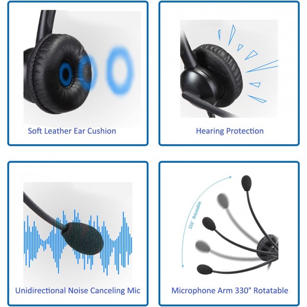 마이크 잡음 제거 기능이 있는 Mairdi 전화 헤드셋, RJ11이 있는 듀오 사무실 콜 센터 헤드폰 및 Yealink Grandstream 유선 전화 및 휴대폰 PC 노트북 태블릿 Duo 510DSA용 3.5mm 잭