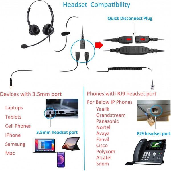 마이크 잡음 제거 기능이 있는 Mairdi 전화 헤드셋, RJ11이 있는 듀오 사무실 콜 센터 헤드폰 및 Yealink Grandstream 유선 전화 및 휴대폰 PC 노트북 태블릿 Duo 510DSA용 3.5mm 잭