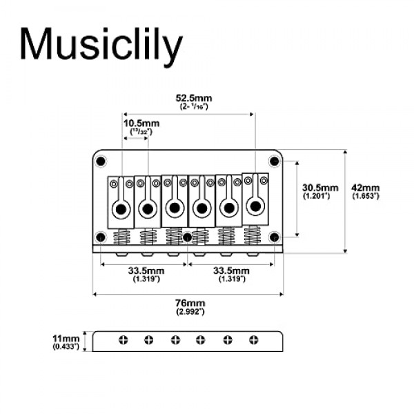 Musiclily Pro 52.5mm(2-1/16인치) 스트링 간격 PRS 스타일 안장 하드테일 고정 브리지 Strat Tele 스타일 일렉트릭 기타용 비트레몰로 브리지, 블랙