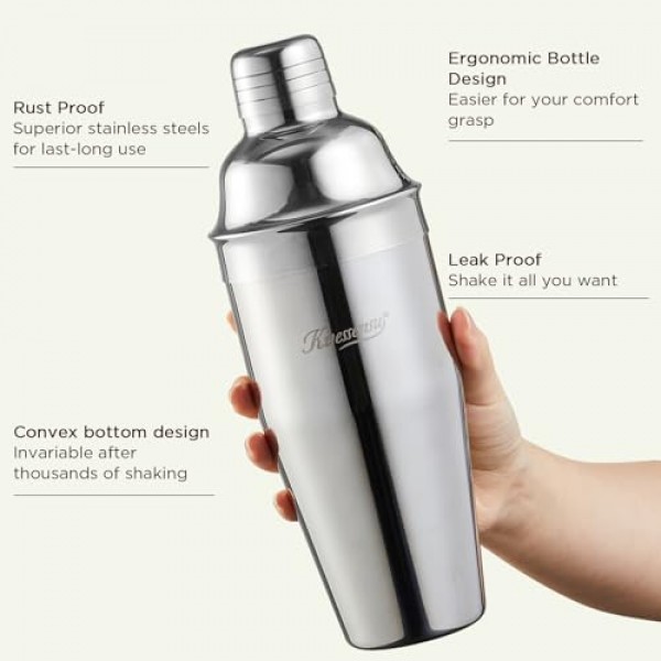 칵테일 셰이커, KITESSENSU 24oz 음료 셰이커, 바텐더 스트레이너, 측정 지거, 바 믹싱 스푼, 칵테일 레시피 가이드, 초보자를 위한 전문 음료 믹서 세트, 실버