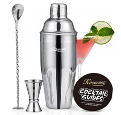 칵테일 셰이커, KITESSENSU 24oz 음료 셰이커, 바텐더 스트레이너, 측정 지거, 바 믹싱 스푼, 칵테일 레시피 가이드, 초보자를 위한 전문 음료 믹서 세트, 실버