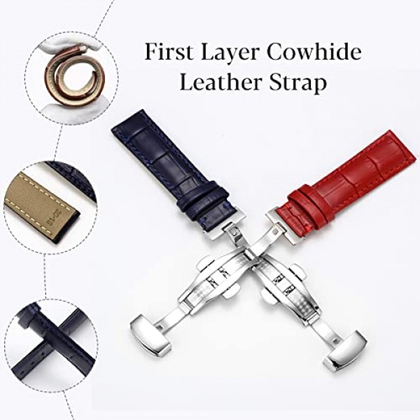 정품 송아지 가죽 시계 밴드, 악어 그레인 배포 나비 버클 교체 스트랩 남성 여성 18mm 20mm 22mm 24mm