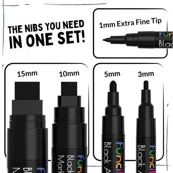 Funcils Rocks Glass Wood Canvas 용 아크릴 펜 5 개 - 검정색 아크릴 마커 1mm, 3mm, 6mm, 10mm, 15mm 팁. 아크릴 펜은 성인과 어린이 모두에게 이상적입니다. 버라이어티 팩 블랙