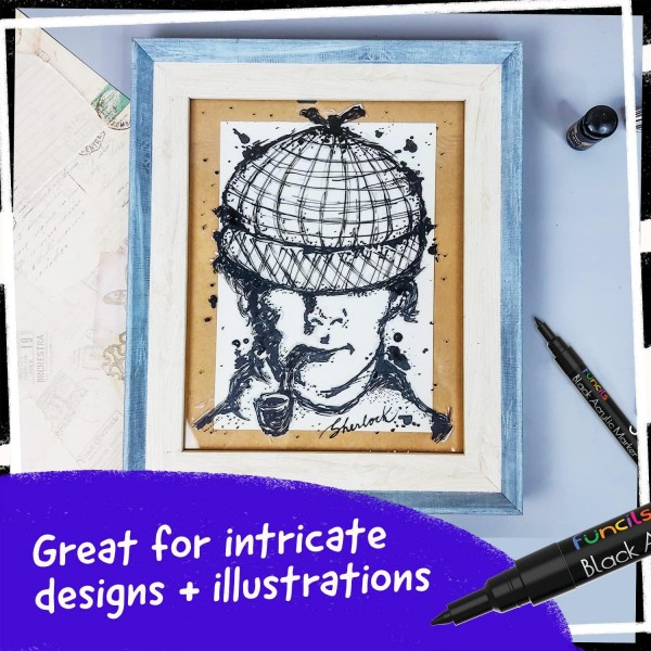 Funcils Rocks Glass Wood Canvas 용 아크릴 펜 5 개 - 검정색 아크릴 마커 1mm, 3mm, 6mm, 10mm, 15mm 팁. 아크릴 펜은 성인과 어린이 모두에게 이상적입니다. 버라이어티 팩 블랙