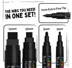 Funcils Rocks Glass Wood Canvas 용 아크릴 펜 5 개 - 검정색 아크릴 마커 1mm, 3mm, 6mm, 10mm, 15mm 팁. 아크릴 펜은 성인과 어린이 모두에게 이상적입니다. 버라이어티 팩 블랙